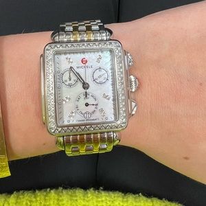 GUC two toned Michele watch with minor wear; diamonds & mother of Pearl face 🤍